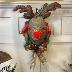 Vintage Christmas Reindeer Wall Decoration 19" Handmade Cotton Fabric